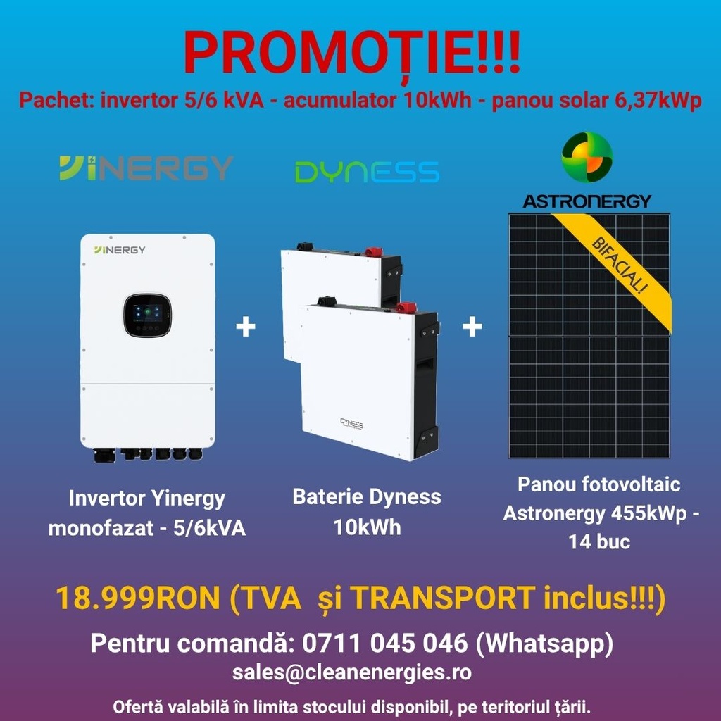 Pachet solar (panou Astronergy 455 Wp / Invertor hibrid Yinergy SPh 6kW / Acumulator Dyness 2x5kWh, LV, BMS integrat)