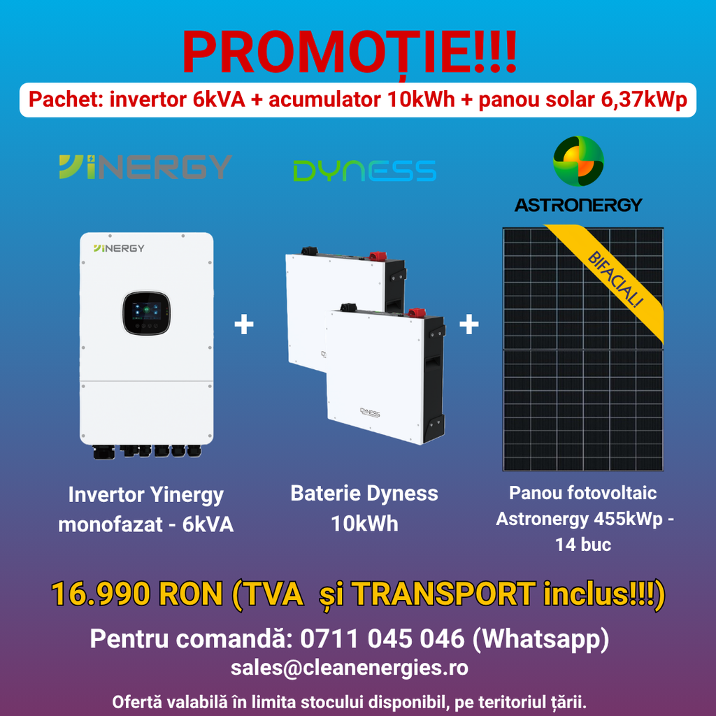 Pachet solar Y4 (panou Astronergy 455 Wp / Invertor hibrid Yinergy SPh 6kW / Acumulator Dyness 2x5kWh, LV, BMS integrat )