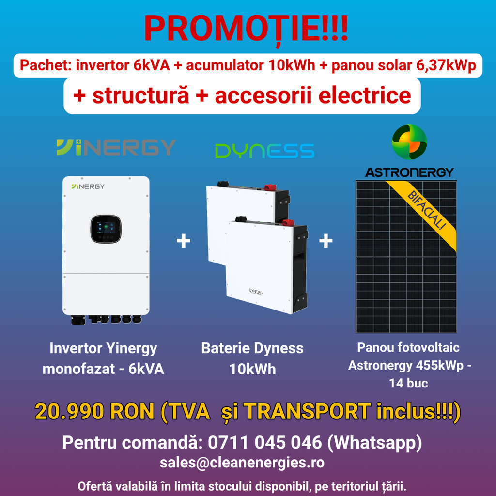 Pachet solar Y6 (panou Astronergy 455 Wp / Invertor hibrid Yinergy SPh 6kW / Acumulator Dyness 2x5kWh, LV, BMS integrat / Sistem de fixare Profiness / Materiale electrice) _______________________