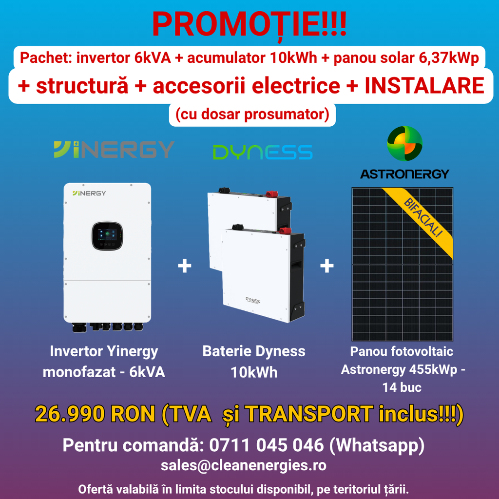 Pachet solar Y8 cu instalare (panou Astronergy 455 Wp / Invertor hibrid Yinergy SPh 6kW / Acumulator Dyness 2x5kWh, LV, BMS integrat / Sistem de fixare Profiness / Materiale electrice)