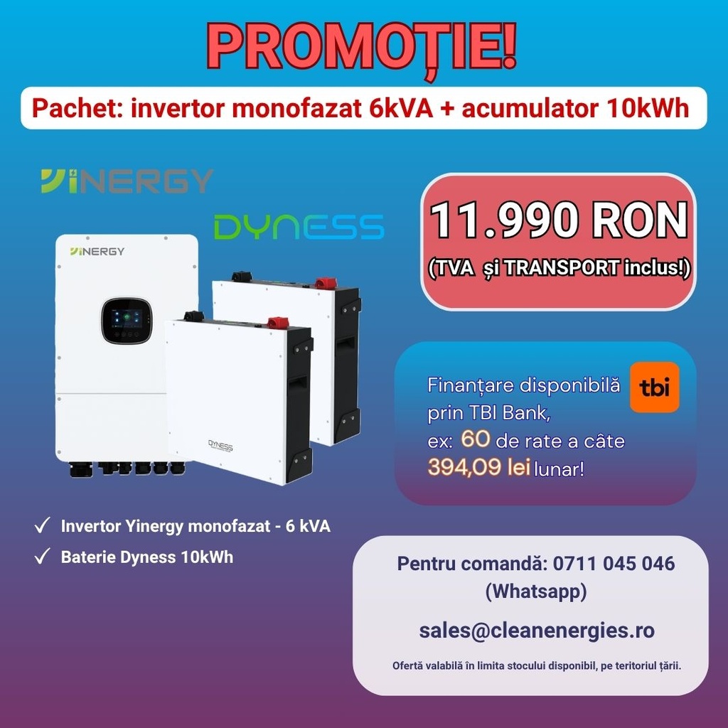 Pachet solar Y2 (Invertor hibrid Yinergy SPh 6kW / Acumulator Dyness 2x5kWh, LV, BMS integrat) ____________________________