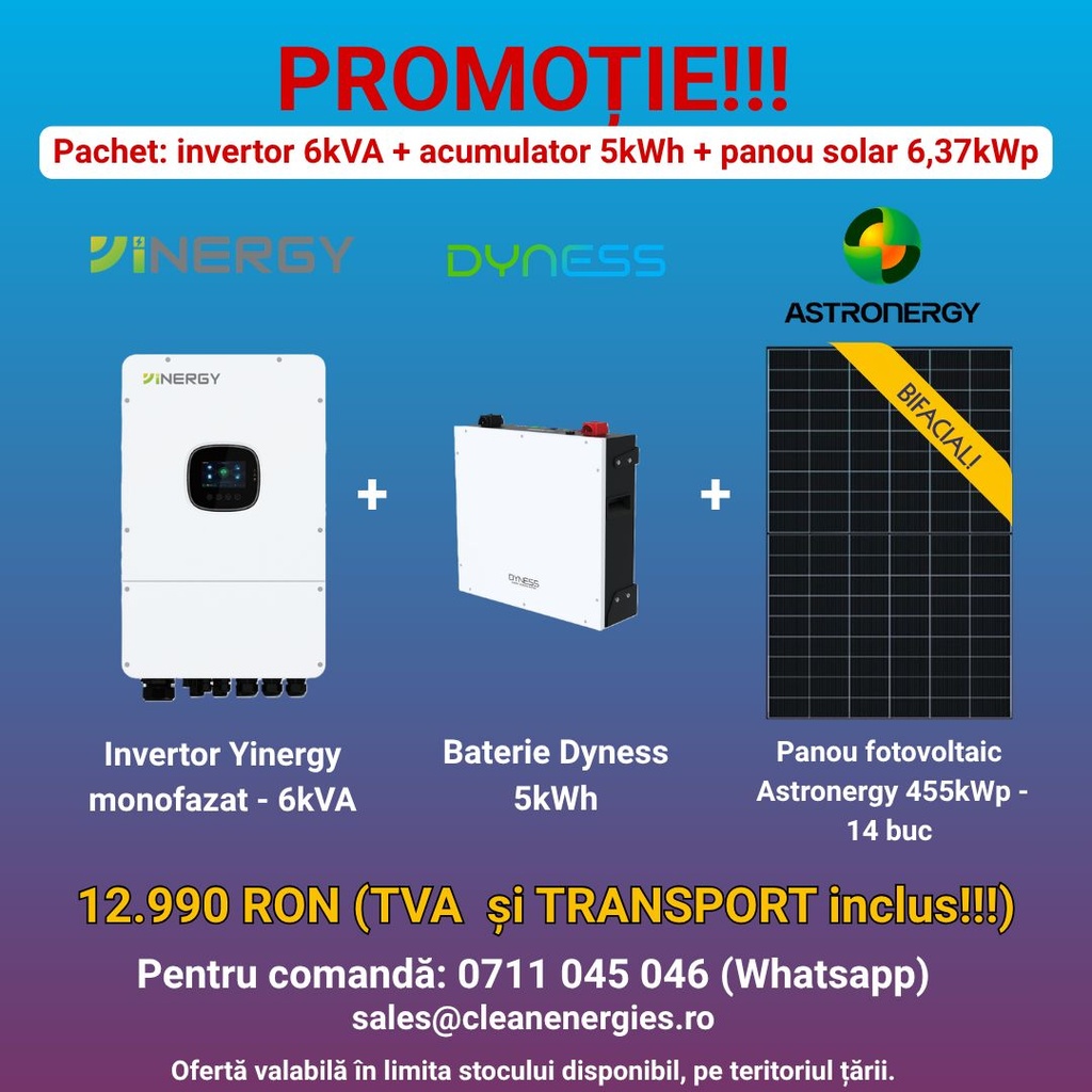 Pachet solar Y3 (panou Astronergy 455 Wp / Invertor hibrid Yinergy SPh 6kW / Acumulator Dyness 5kWh, LV, BMS integrat )