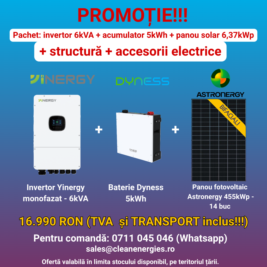 Pachet solar Y5 (panou Astronergy 455 Wp / Invertor hibrid Yinergy SPh 6kW / Acumulator Dyness 5kWh, LV, BMS integrat / Sistem de fixare Profiness / Materiale electrice) _______________________