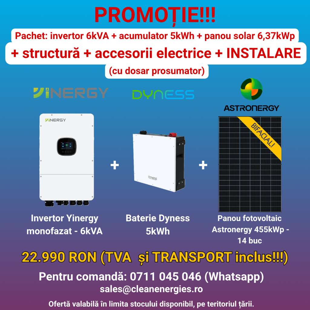 Pachet solar Y7 cu instalare (panou Astronergy 455 Wp / Invertor hibrid Yinergy SPh 6kW / Acumulator Dyness 5kWh, LV, BMS integrat / Sistem de fixare Profiness / Materiale electrice)
