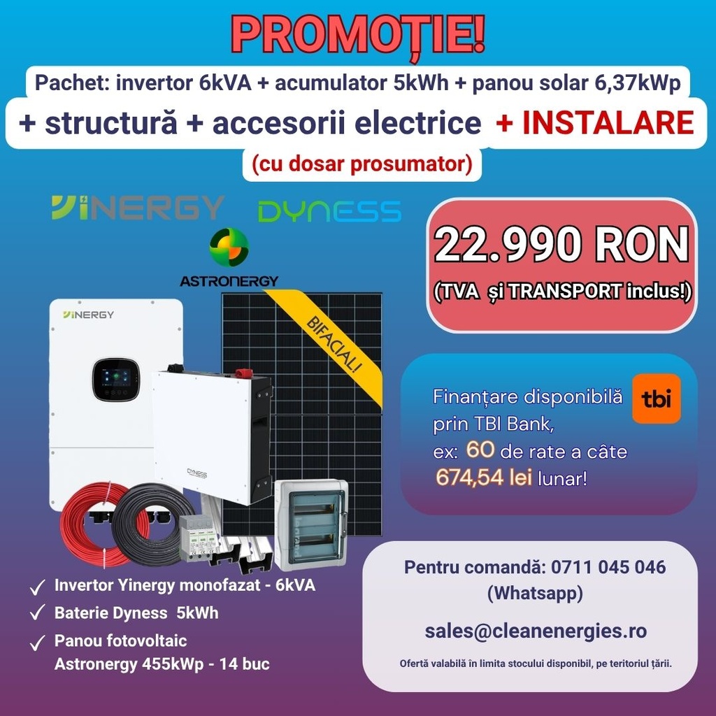 Pachet solar Y7 cu instalare (panou Astronergy 455 Wp / Invertor hibrid Yinergy SPh 6kW / Acumulator Dyness 5kWh, LV, BMS integrat / Sistem de fixare Profiness / Materiale electrice)