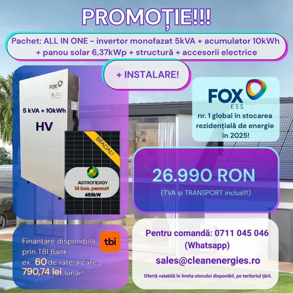 Pachet solar F4 cu instalare (Panou Astronergy 455 Wp / Invertor hibrid Fox SPh 5 kW / Acumulator Fox 10 kWh, HV / Sistem de fixare Profiness / Materiale electrice)