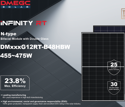 [DM460G12RTB48HBW] DMEGC napelem 460W DM460G12RT-B48HBW bifacial, N-type (fekete 30mm keret)