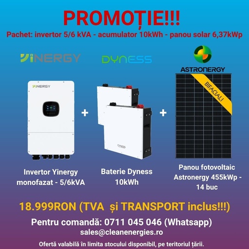 [A455Y1P6IN10LVBTR] Pachet solar (panou Astronergy 455 Wp / Invertor hibrid Yinergy SPh 6kW / Acumulator Dyness 2x5kWh, LV, BMS integrat)