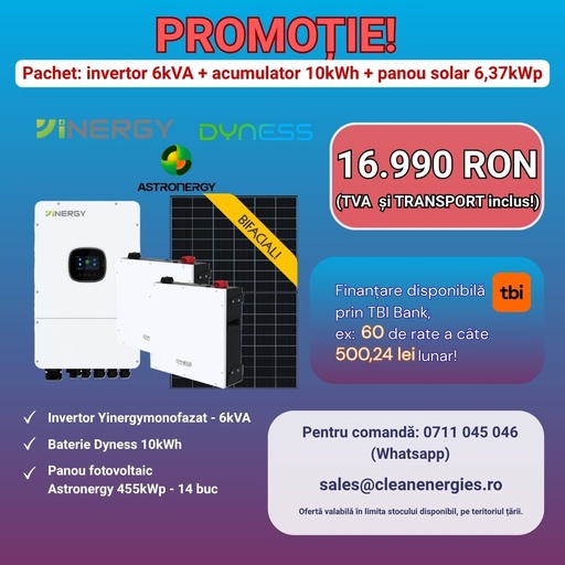 [A455Y1P6IN10LVBTR] Pachet solar Y4 (panou Astronergy 455 Wp / Invertor hibrid Yinergy SPh 6kW / Acumulator Dyness 2x5kWh, LV, BMS integrat)
