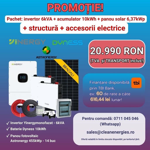 [A455Y1P6IN10LVBP] Pachet solar Y6 (panou Astronergy 455 Wp / Invertor hibrid Yinergy SPh 6kW / Acumulator Dyness 2x5kWh, LV, BMS integrat / Sistem de fixare Profiness / Materiale electrice) ______________________________