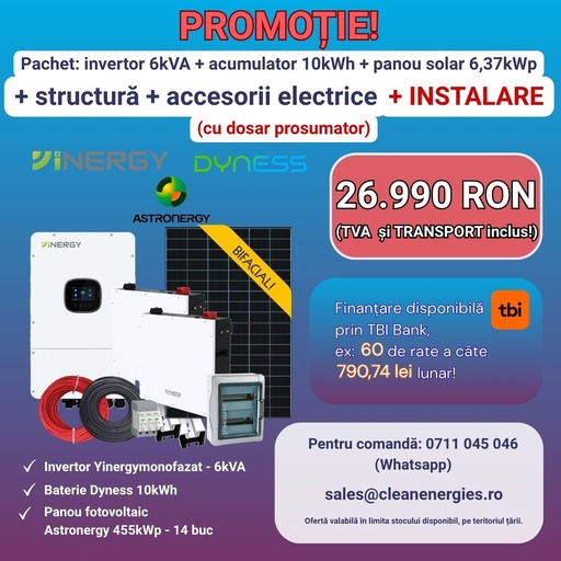[A455Y1P6IN10LVBPINST] Pachet solar Y8 cu instalare (panou Astronergy 455 Wp / Invertor hibrid Yinergy SPh 6kW / Acumulator Dyness 2x5kWh, LV, BMS integrat / Sistem de fixare Profiness / Materiale electrice)