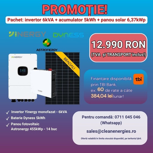 [A455Y1P6IN5LVBTR] Pachet solar Y3 (panou Astronergy 455 Wp / Invertor hibrid Yinergy SPh 6kW / Acumulator Dyness 5kWh, LV, BMS integrat)