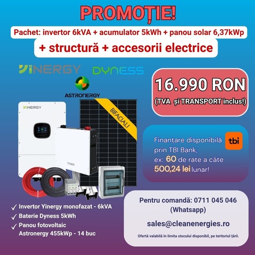 [A455Y1P6IN5LVBP] Pachet solar Y5 (panou Astronergy 455 Wp / Invertor hibrid Yinergy SPh 6kW / Acumulator Dyness 5kWh, LV, BMS integrat / Sistem de fixare Profiness / Materiale electrice) ______________________________