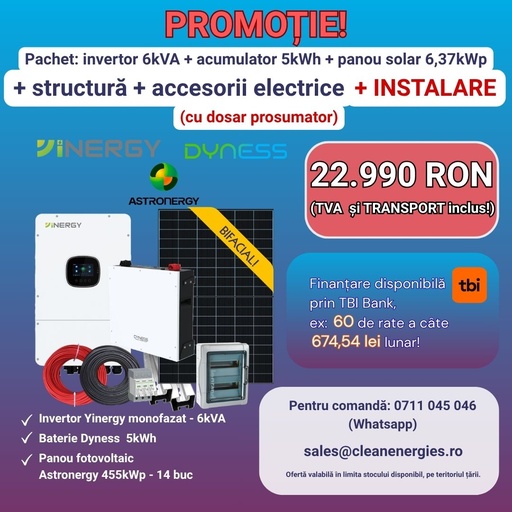 [A455Y1P6IN5LVBPINST] Pachet solar Y7 cu instalare (panou Astronergy 455 Wp / Invertor hibrid Yinergy SPh 6kW / Acumulator Dyness 5kWh, LV, BMS integrat / Sistem de fixare Profiness / Materiale electrice)