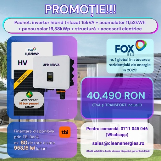 [A455F3P15IN11HVBTRP] Pachet solar F11 (Panou Astronergy 455 Wp / Invertor hibrid Fox TPh 15 kW / Acumulator Fox EP12 11,52 kWh, HV / Sistem de fixare Profiness / Materiale electrice)