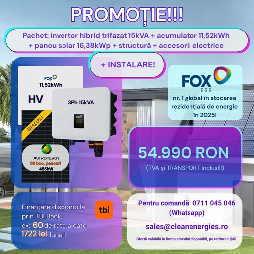 [A455F3P15IN11HVBPINS] Pachet solar F12 cu instalare (Panou Astronergy 455 Wp / Invertor hibrid Fox TPh 15 kW / Acumulator Fox EP12 11,52 kWh, HV / Sistem de fixare Profiness / Materiale electrice)