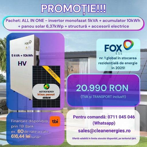 [A455F1P5IN10HVBTRP] Pachet solar F3 (Panou Astronergy 455 Wp / Invertor hibrid Fox SPh 5 kW / Acumulator Fox 10 kWh, HV / Sistem de fixare Profiness / Materiale electrice)
