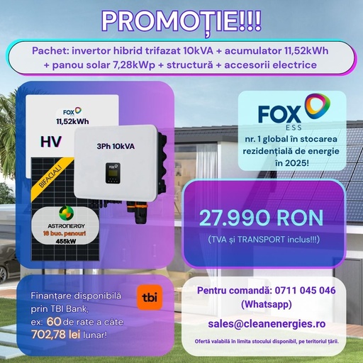 [A455_F3P10IN11HVBTRP] Pachet solar F15 (Panou Astronergy 455 Wp / Invertor hibrid Fox TPh 10 kW / Acumulator Fox EP12 11,52 kWh, HV / Sistem de fixare Profiness / Materiale electrice)